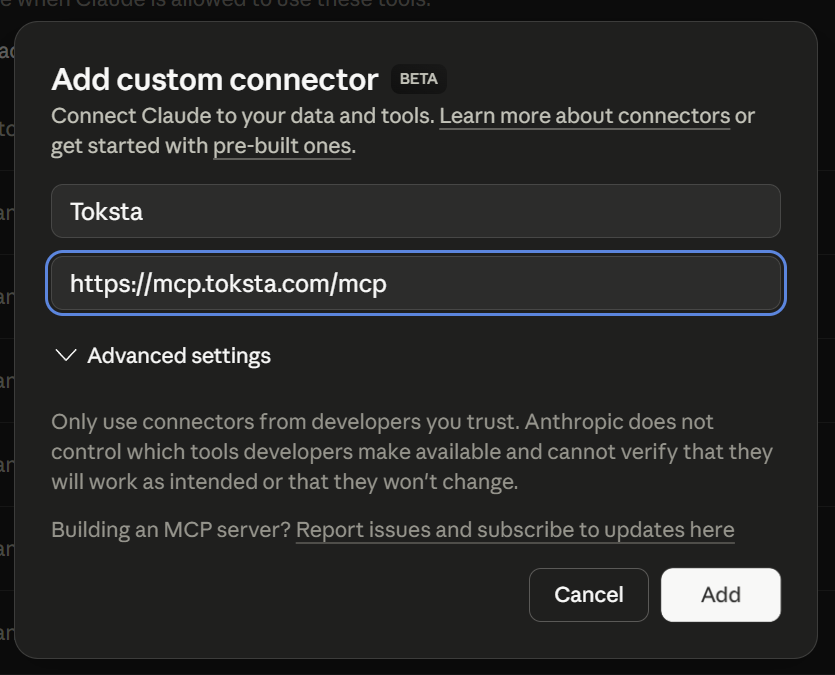 Add MCP URL in Claude connector setup